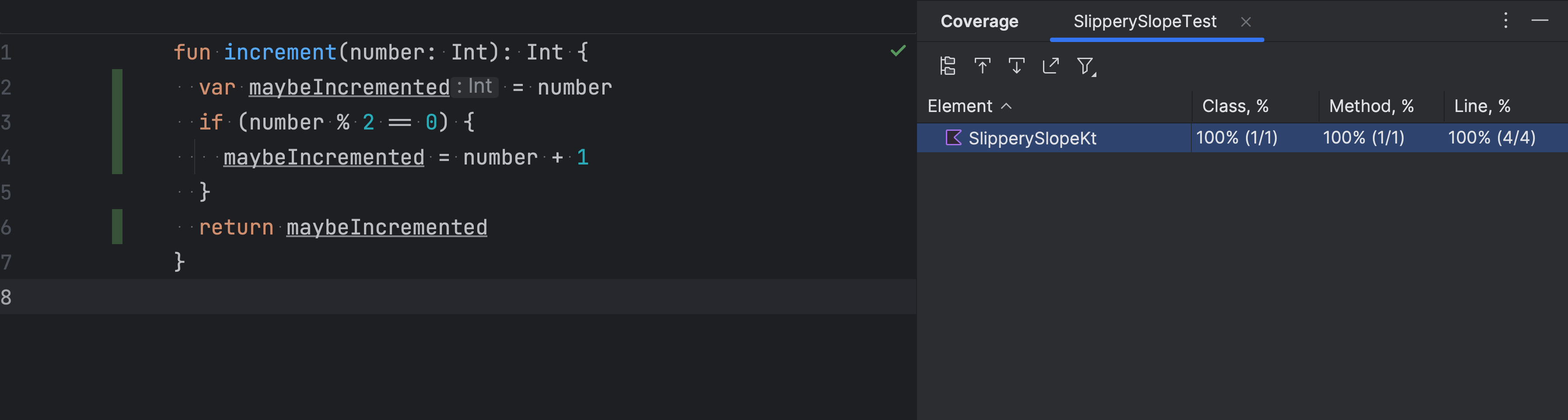 IDE showing 100% code coverage for the increment function