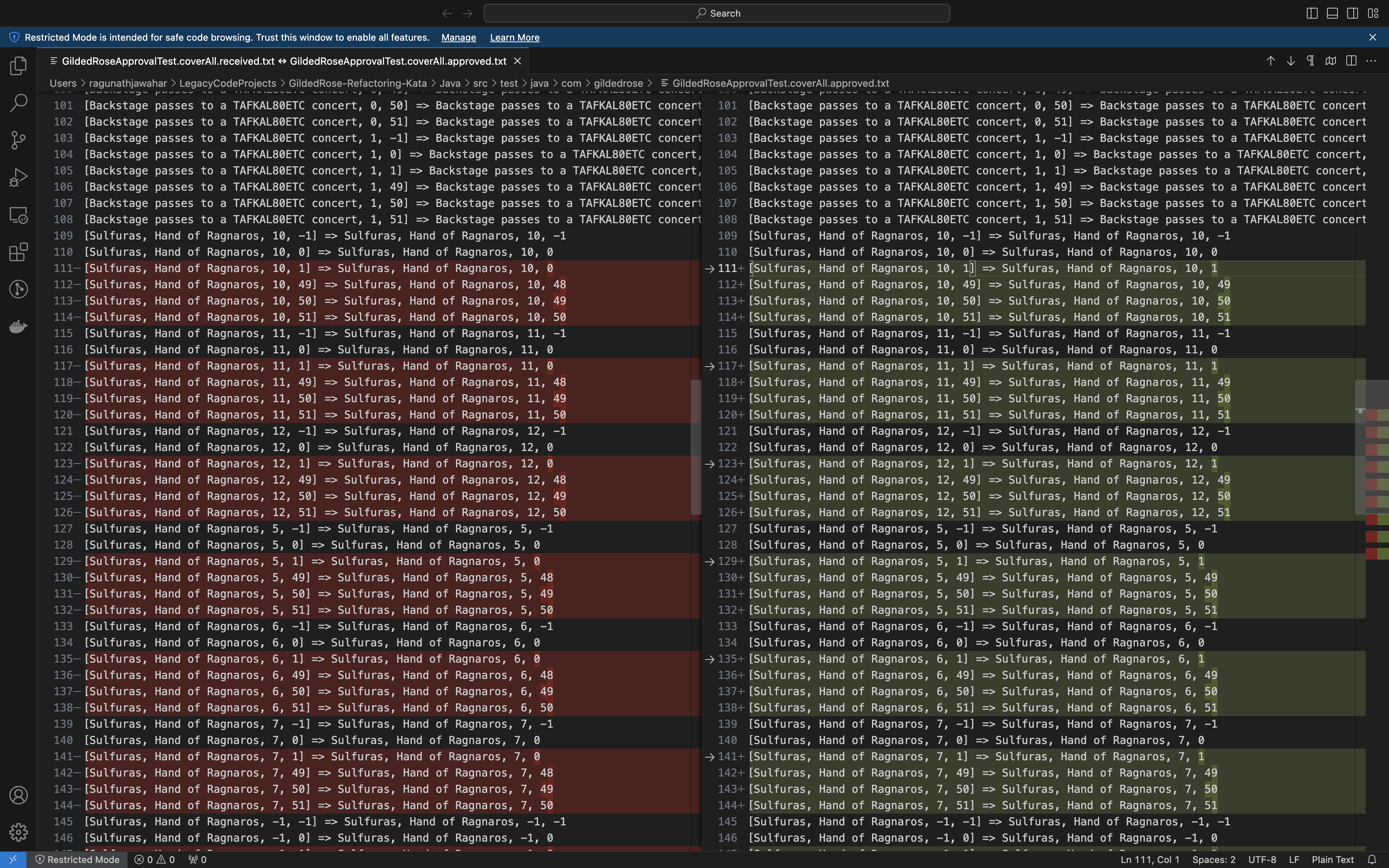 A diff viewer highlighting deviations from previously recorded behavior
